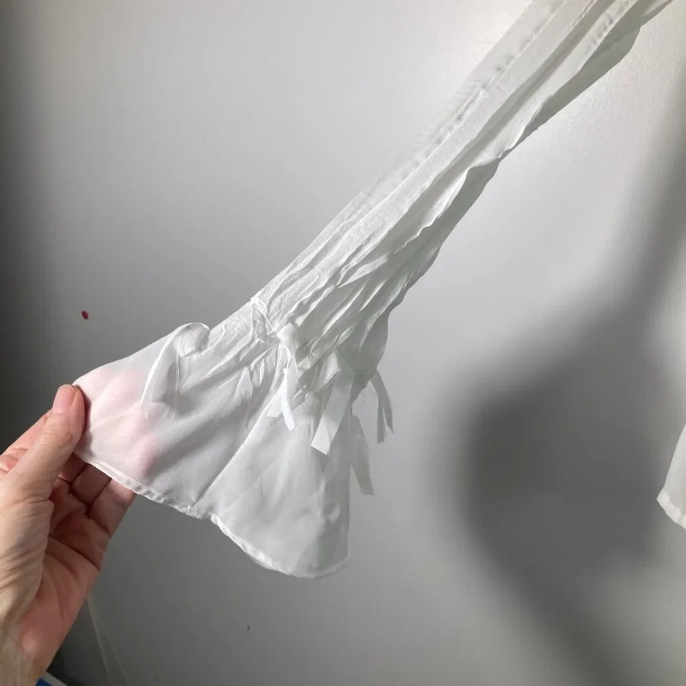 Womens Vintage Notations Crinkle Bow Bead‎ Button Shirt Bell Sleeve M White - Picture 5 of 9